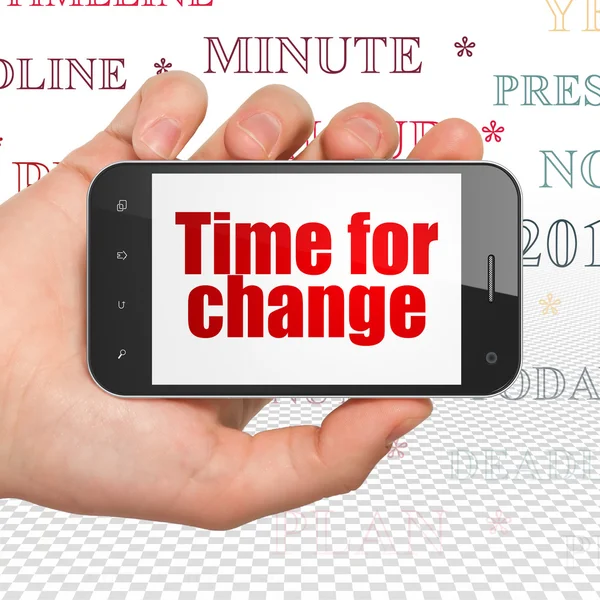 Timeline concept: Hand Holding Smartphone with Time for Change on display — Stock Photo, Image