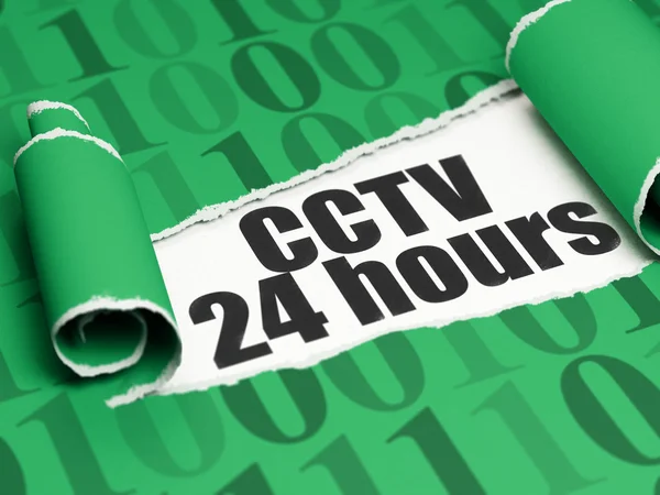 Sikkerhetskonsept: Svart tekst CCTV 24 timer under den revne papirbiten – stockfoto