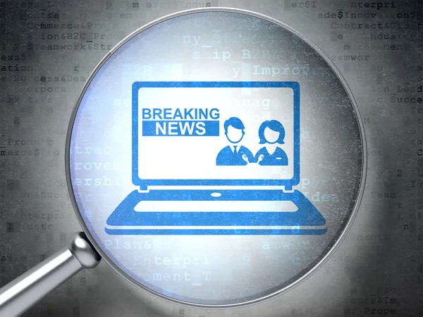 Conceito de notícias: Breaking News On Laptop com vidro óptico em fundo digital — Fotografia de Stock
