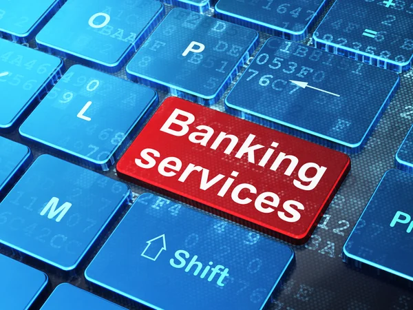 Concepto bancario: Servicios bancarios en el fondo del teclado de la computadora —  Fotos de Stock