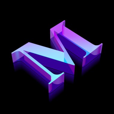 3d neon glowing character M made of glass, vector illustration.
