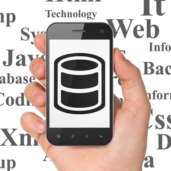Programmierkonzept: Smartphone mit Datenbank in der Hand auf dem Display — Stockfoto