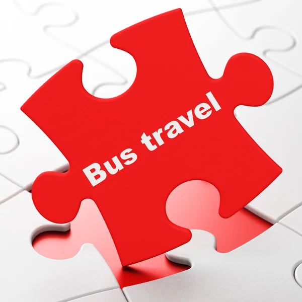 旅游概念︰ 拼图背景上的公交车旅行 — 图库照片