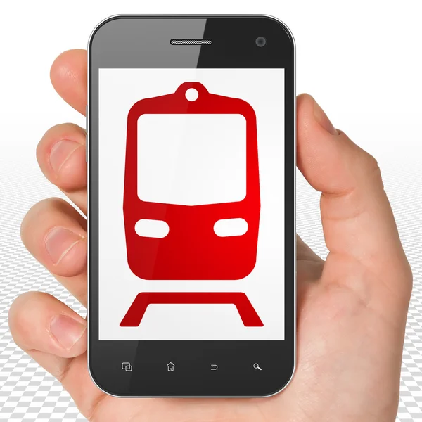 Tourism concept: Hand Holding Smartphone with Train on display — Stok fotoğraf