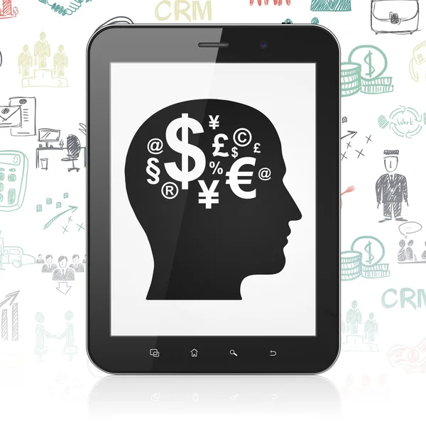 Finanzkonzept: Tablet-Computer mit Kopf und Finanzsymbol auf dem Display — Stockfoto