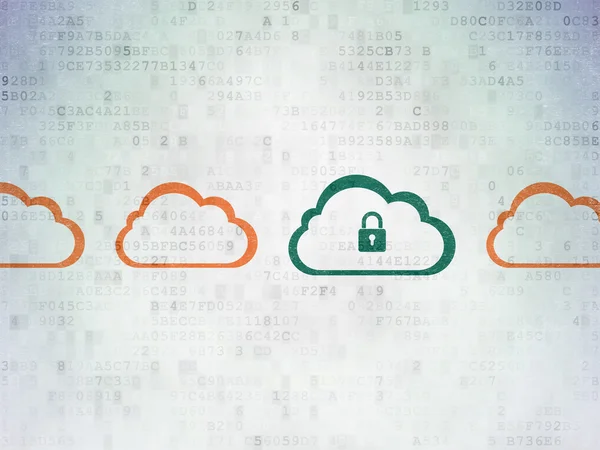 Koncepce technologie cloud: mrak s ikonou visacího zámku na pozadí digitálního datového papíru — Stock fotografie