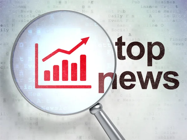Concept d'actualités : Graphique de croissance et Top News avec verre optique — Photo