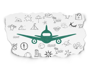 Turizm kavramı: uçak yırtılmış kağıt arka plan üzerinde