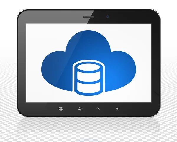 Softwarekonzept: Tablet-PC mit Datenbank und Cloud auf dem Display — Stockfoto