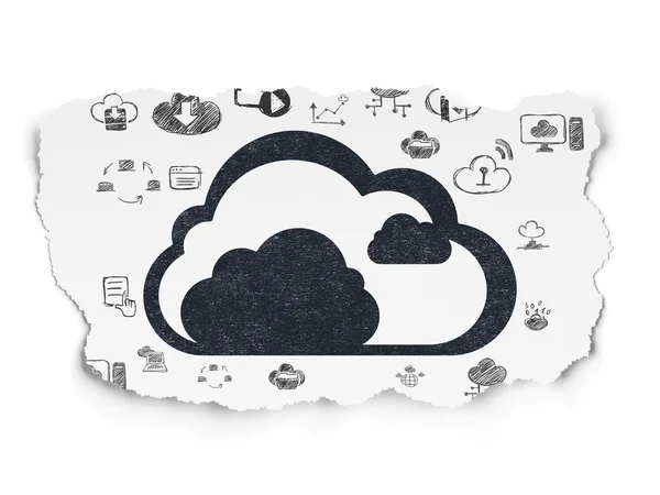 Koncepcja sieci w chmurze: chmury na tle rozdarty papier — Zdjęcie stockowe