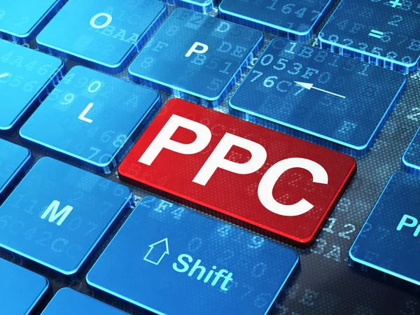 Concepto publicitario: PPC en el fondo del teclado del ordenador — Foto de Stock