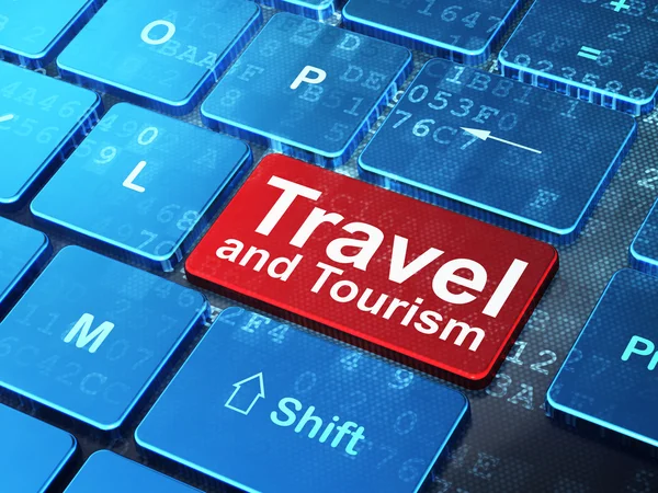 Концепція відпустки: подорожі та туризм на фоні клавіатури комп'ютера — стокове фото