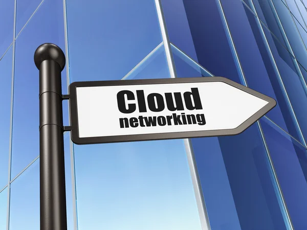 Koncepcja technologii chmurowej: Podpisz chmurę sieciową na tle budynku — Zdjęcie stockowe