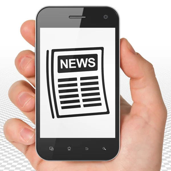 News concept: Hand Holding Smartphone with Newspaper on display — Stock Photo, Image