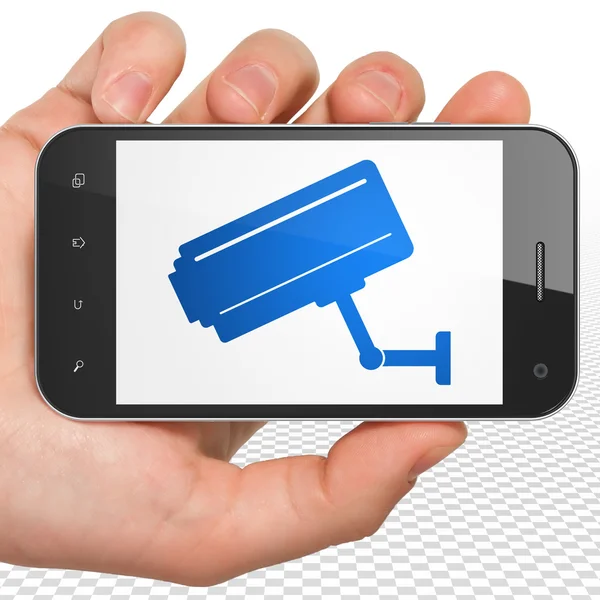 Güvenlik konsepti: Cctv Kameralı El Tutan Akıllı Telefon ekranda — Stok fotoğraf