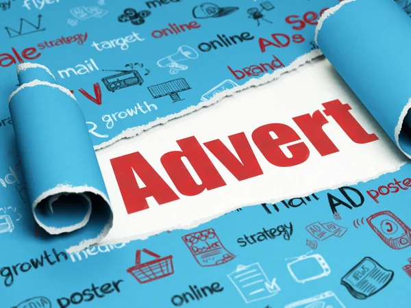 Conceito de publicidade: texto vermelho Anuncie sob o pedaço de papel rasgado — Fotografia de Stock
