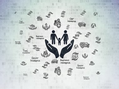 Sigorta kavramı: Dijital Veri Kağıdı arkaplanındaki Aile ve Avuç İçi