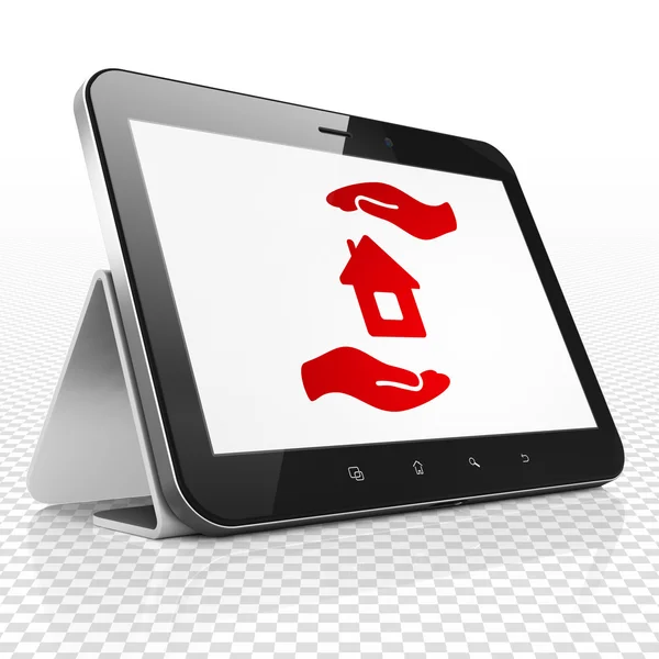 Verzekering concept: Tablet PC met huis en Palm tentoongesteld — Stockfoto