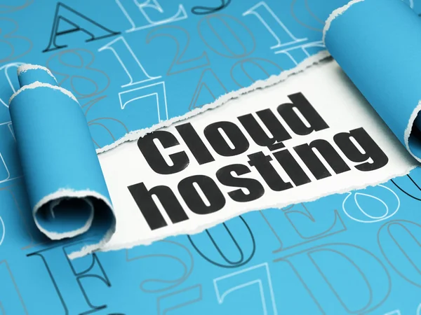 Cloud Computing Concept: svart text moln hosting under biten av rivna papper — Stockfoto