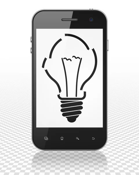 Concept de financement : Smartphone avec ampoule à l'écran — Photo