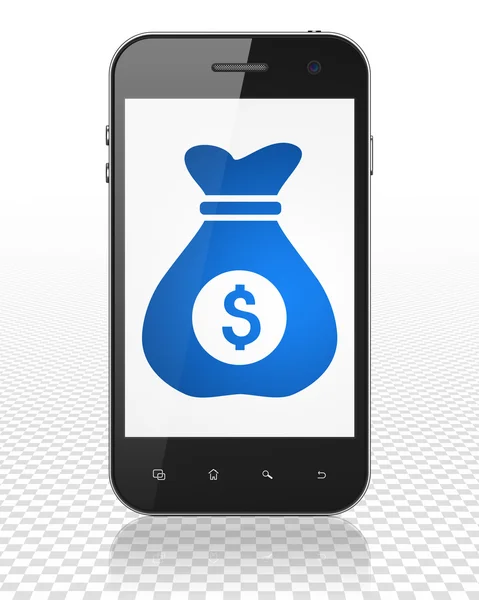 财务理念 ︰ 智能手机与钱袋子上显示 — 图库照片