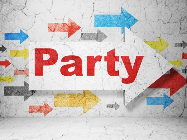 Unterhaltung, Konzept: Pfeil mit Party auf Grunge-Wand-Hintergrund — Stockfoto
