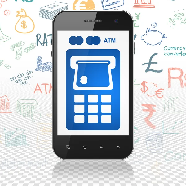 Концепция валюты: Смартфон с банкоматом на дисплее — стоковое фото