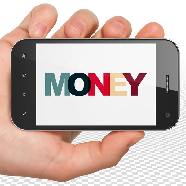 Conceito de negócio: mão segurando Smartphone com dinheiro em exibição — Fotografia de Stock