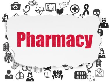 Tıp kavramı: eczane yırtılmış kağıt arka plan üzerinde