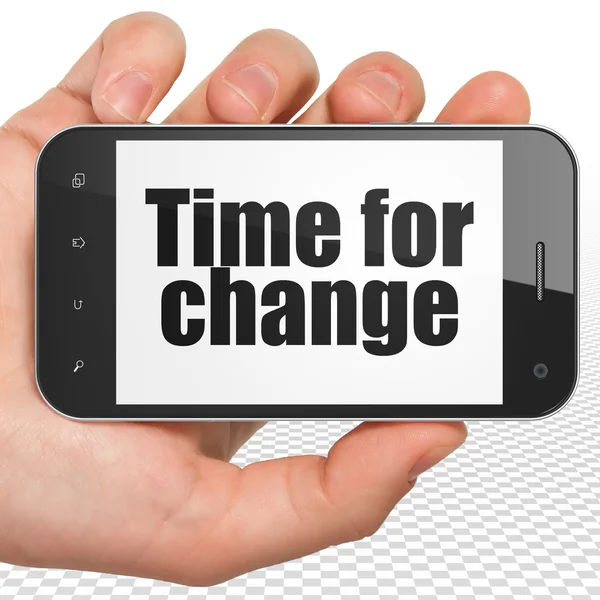 Concepto de tiempo: Smartphone de mano con tiempo para el cambio en pantalla — Foto de Stock