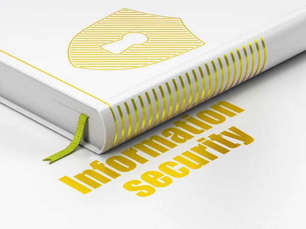 Security concept: boek Shield met sleutelgat, informatiebeveiliging op witte achtergrond — Stockfoto