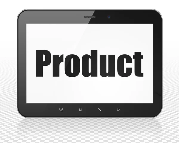 Koncepcja reklamy: komputer typu Tablet PC z produktem na wyświetlaczu — Zdjęcie stockowe