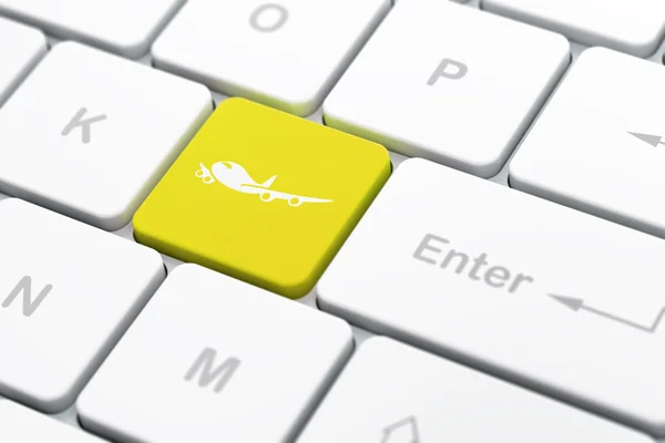 Vakantie concept: vliegtuig op computer toetsenbord achtergrond — Stockfoto