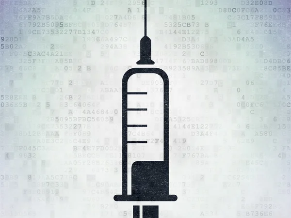 ヘルスケアの概念: デジタル データ用紙の背景に注射器 — ストック写真