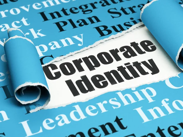 Concepto financiero: texto negro Identidad corporativa bajo el trozo de papel roto — Foto de Stock