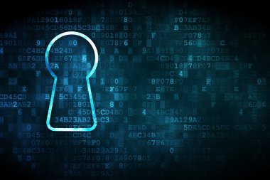 Emniyet konsepti: dijital arka plan üzerinde anahtar deliği