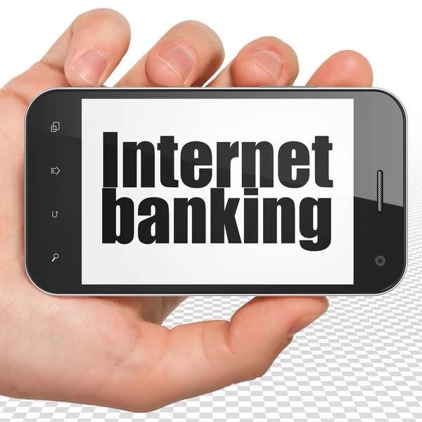 Концепция валюты: ручной смартфон с интернет-банкингом на дисплее — стоковое фото