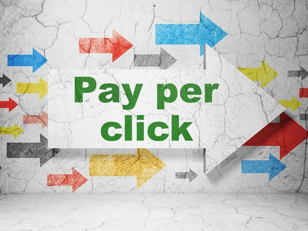 Concepto de marketing: flecha con Pay Per Click sobre fondo de pared grunge —  Fotos de Stock
