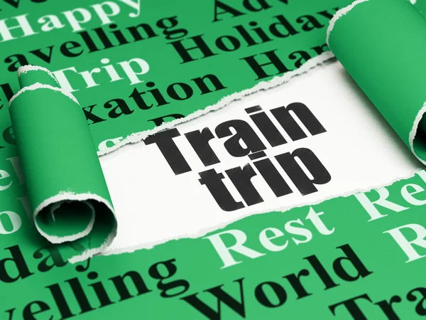 Conceito de viagem: texto preto Viagem de trem sob o pedaço de papel rasgado — Fotografia de Stock