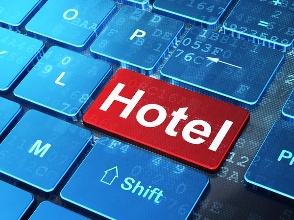 Ιδέα διακοπών: ξενοδοχείο στο φόντο του πληκτρολογίου του υπολογιστή — Φωτογραφία Αρχείου