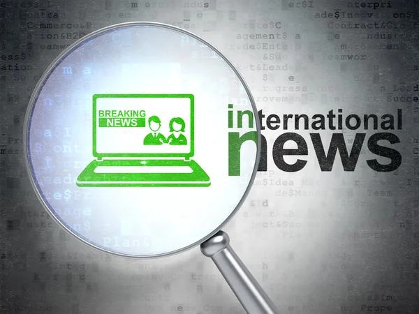 News concept: Breaking News On Laptop and International News with optical glass — Stock Photo, Image