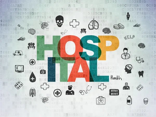 Pojęcie opieki zdrowotnej: Szpital na tle cyfrowych danych papierze — Zdjęcie stockowe