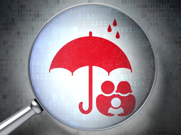 Protection concept: Family And Umbrella with optical glass on digital background — Stock Photo, Image