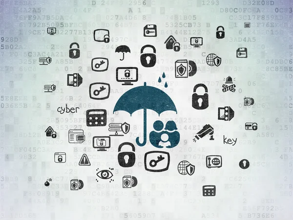 Concept de protection : Famille et parapluie sur fond de papier numérique — Photo