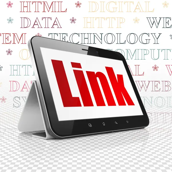 Concepto de desarrollo web: Tablet Computer con Link en pantalla —  Fotos de Stock