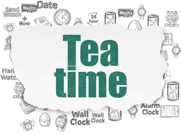 Concepto de tiempo: Hora del té en el fondo de papel roto —  Fotos de Stock