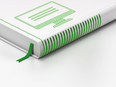 Veritabanı kavramı: kapalı kitap, beyaz arka yüzündeki LCD ekran