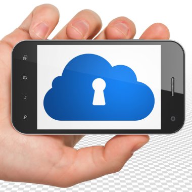 Ağ kavramı bulut: el Smartphone ile bulut ile Keyhole ekranda Holding