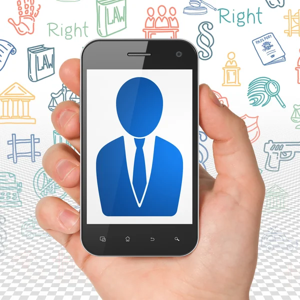 Law concept: Hand Holding Smartphone met zakenman op display — Stockfoto