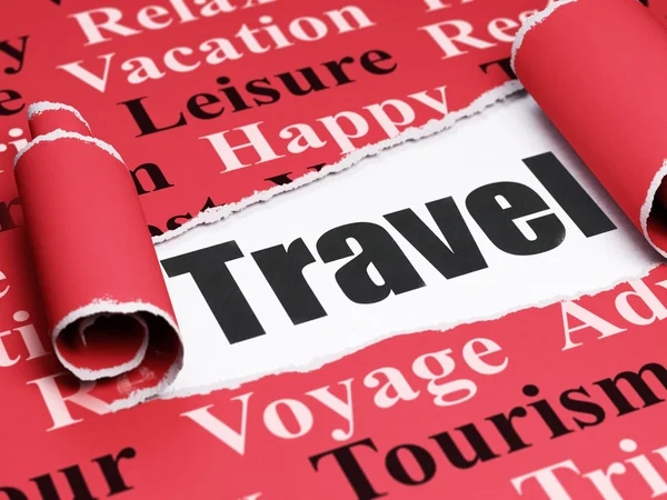 Concepto de vacaciones: texto negro Viaje bajo el pedazo de papel roto —  Fotos de Stock
